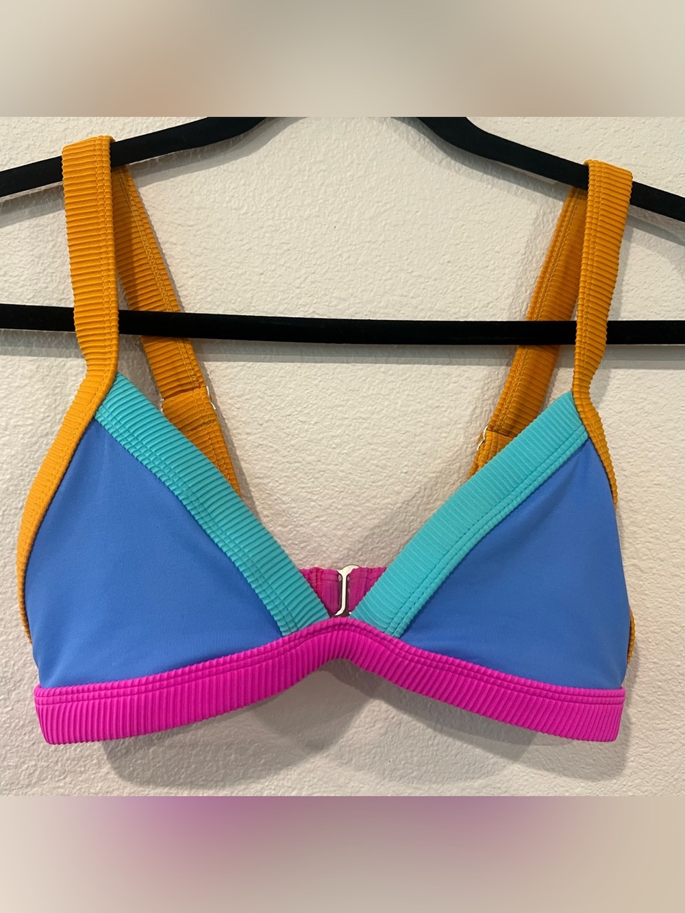 Oneone Colorblock Triangle Bikini Top - Pink Turquoise Blue with Gold Straps